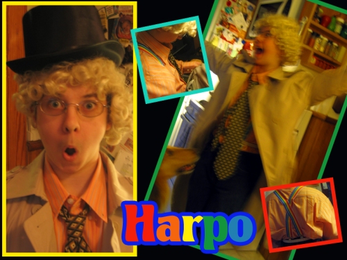 collage: Harpo face, Harpo dancing with dog, detail suspenders amd coat  pocket